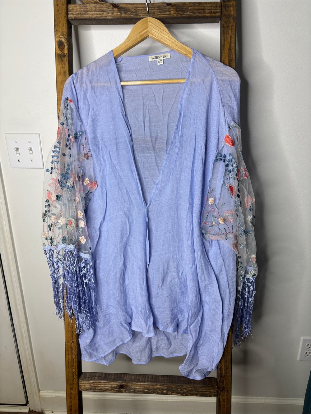 Tassels N Lace Lavender Open-Front Embroidered Kimono Tunic Size 1XL/2XL